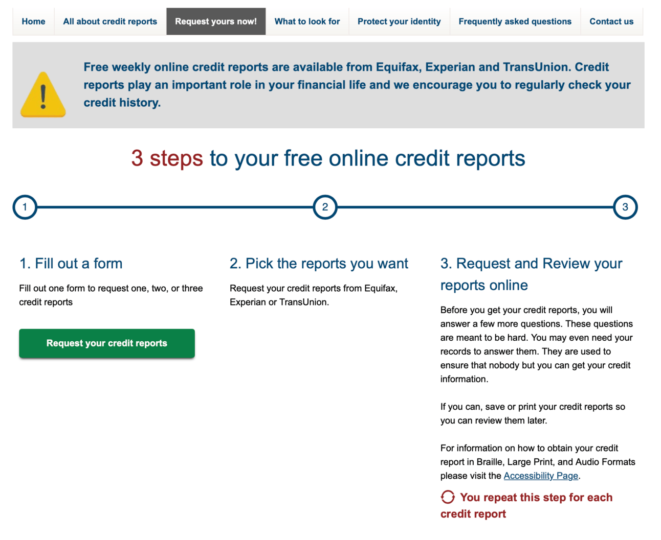 location of &lsquo;request yours now&rsquo; on annualcreditreport.com